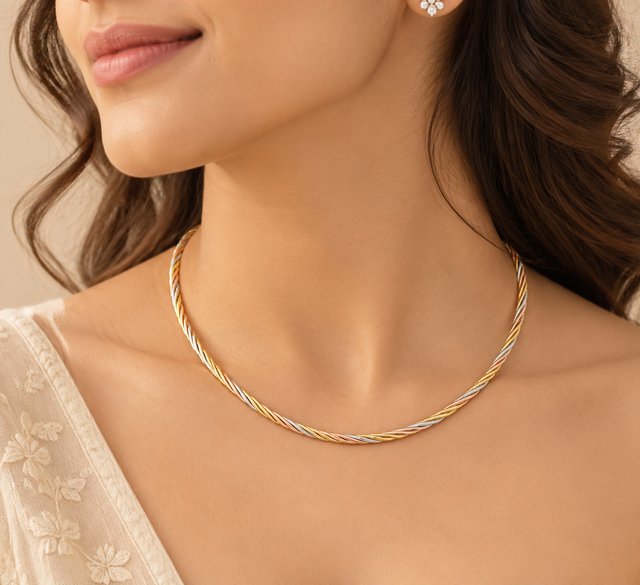 Model wearing Trinity Twist Necklace