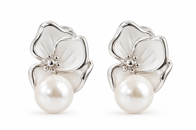 Pearl Petal Stud Earrings in Silver