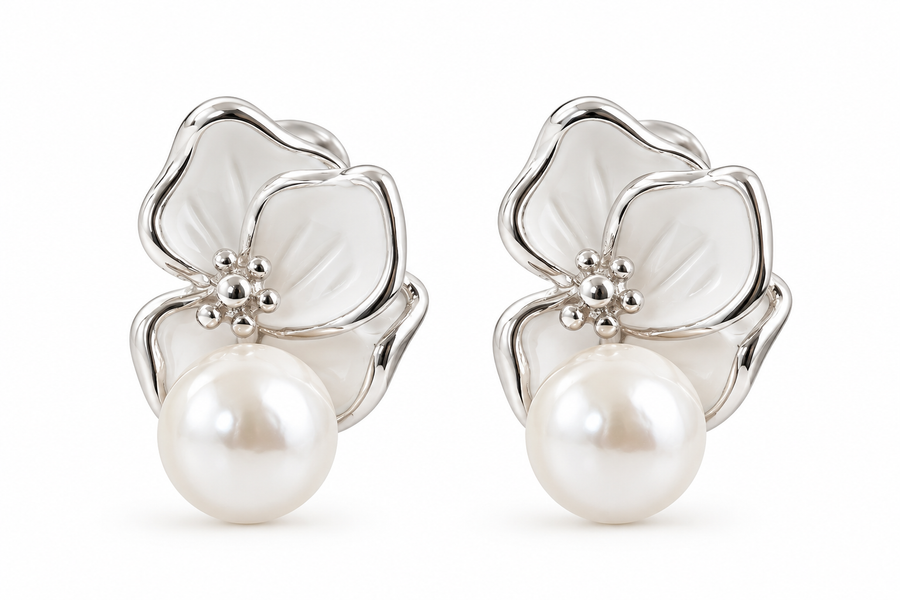 Pearl Petal Stud Earrings in Silver