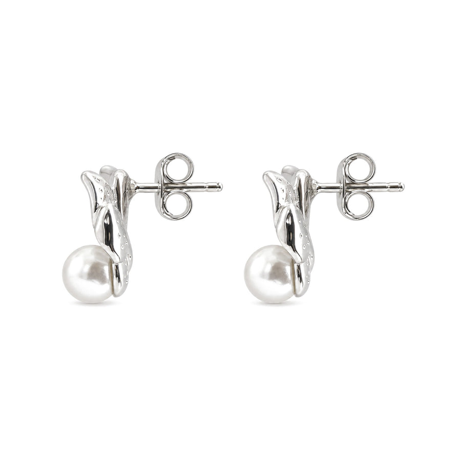 Pearl Petal Stud Earrings in Silver - view 4