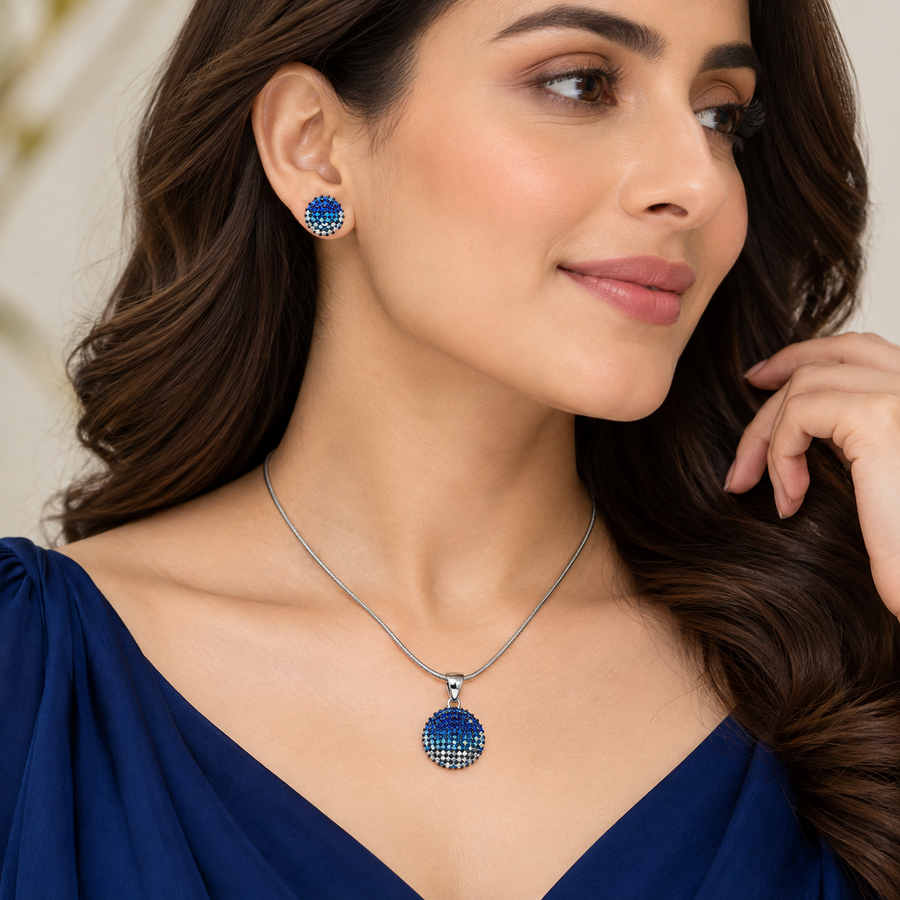Model wearing Blue Radiance Crystal Pendant Set