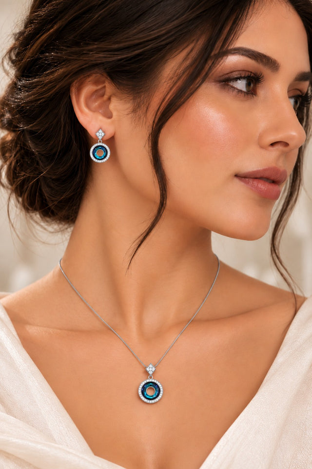 Model wearing Swarovski Crystal Halo Pendant Set