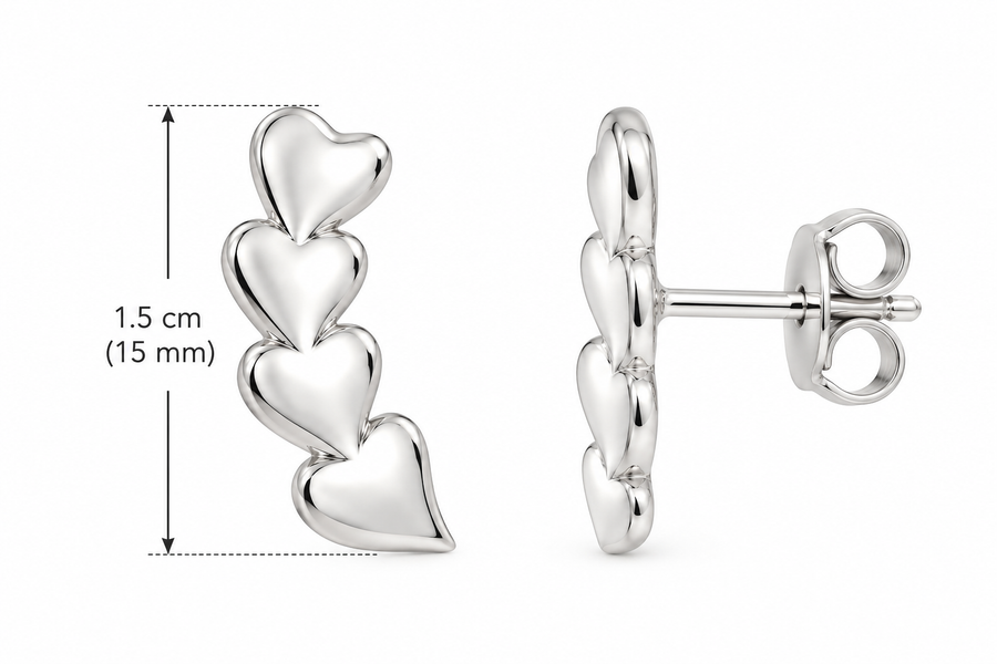 Four Heart Rhodium-Plated Stud Earrings - view 3