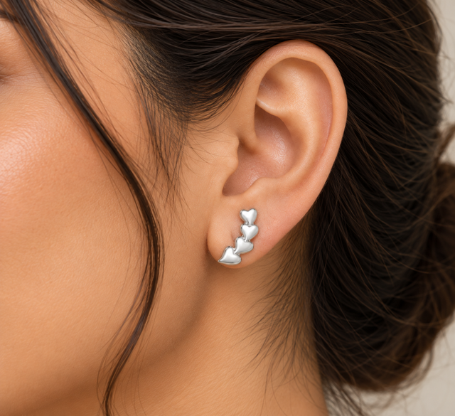 Model wearing Four Heart Rhodium-Plated Stud Earrings