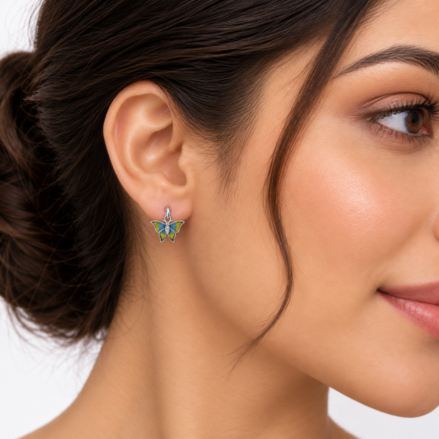 Model wearing Blue Green Enamel Butterfly Stud Earrings