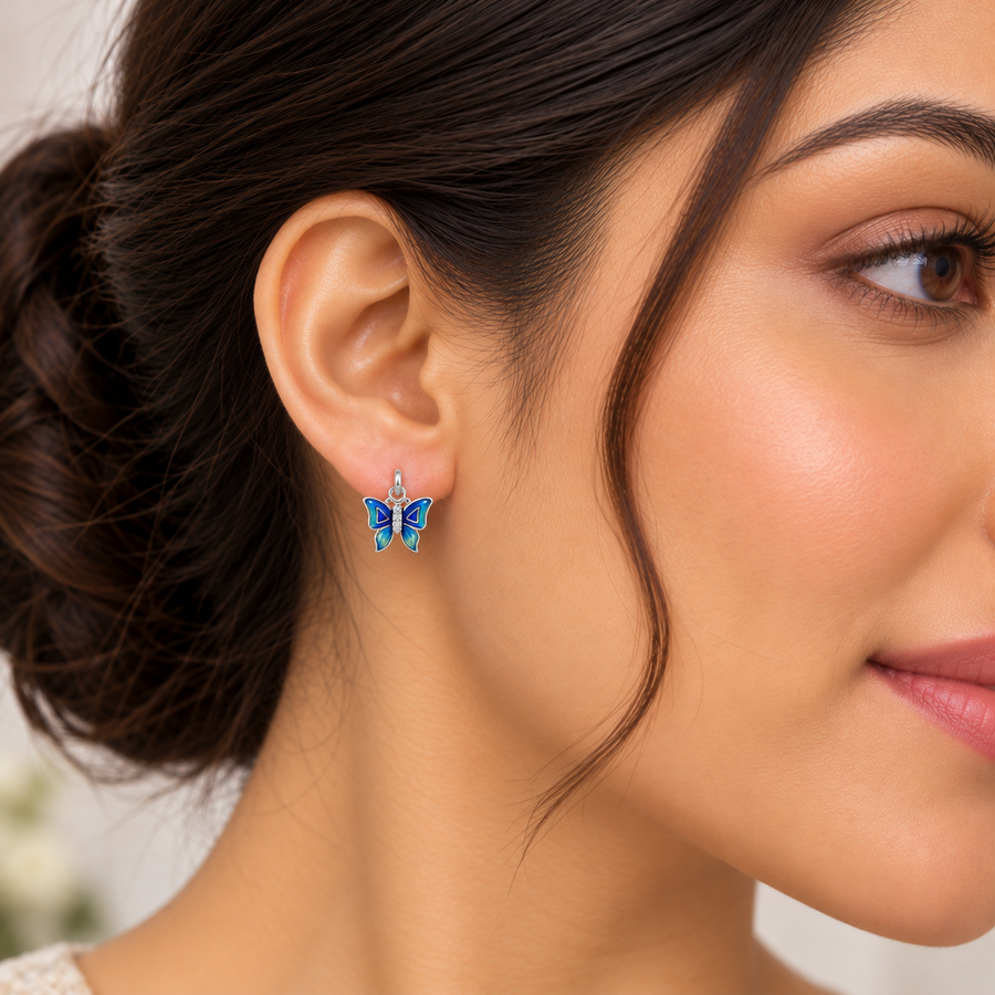 Model wearing Blue Enamel Butterfly Stud Earrings