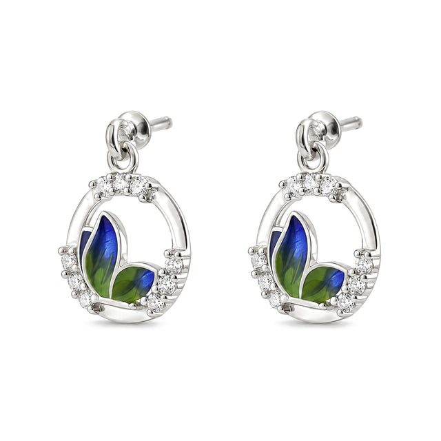 Blue Green Enamel Floral Drop Earrings