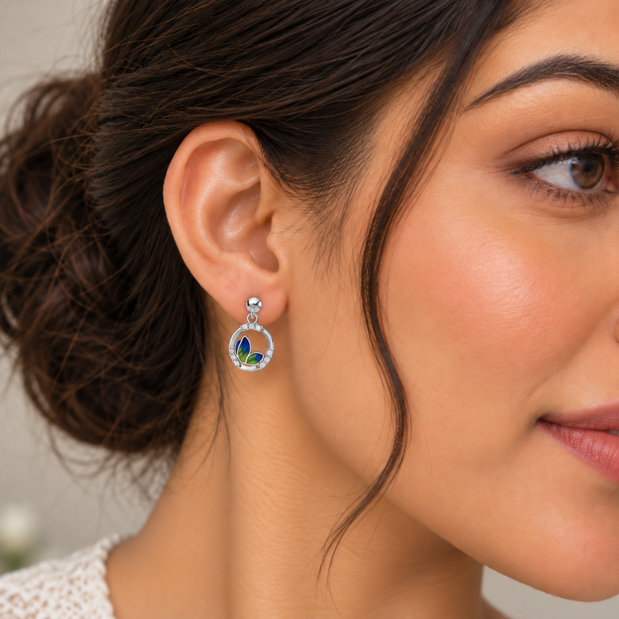 Model wearing Blue Green Enamel Floral Drop Earrings