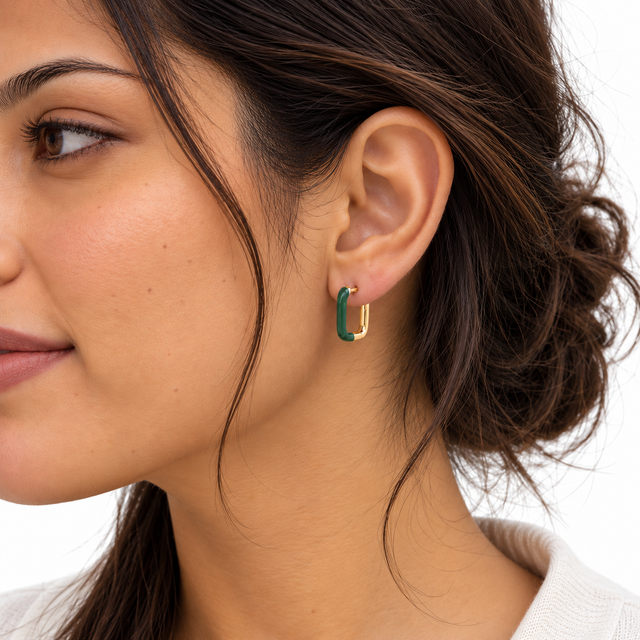 Model wearing Green Enamel Rectangle Huggie Earrings