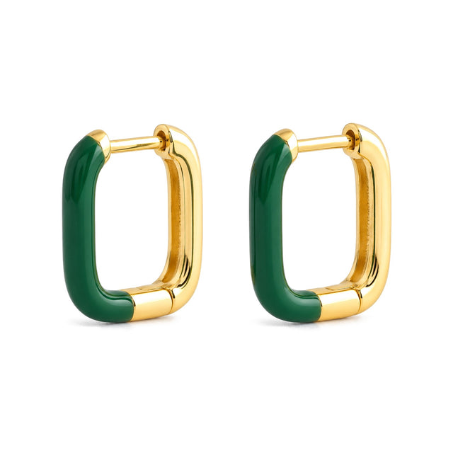 Green Enamel Rectangle Huggie Earrings