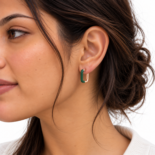Green Enamel Rectangle Huggie Earrings