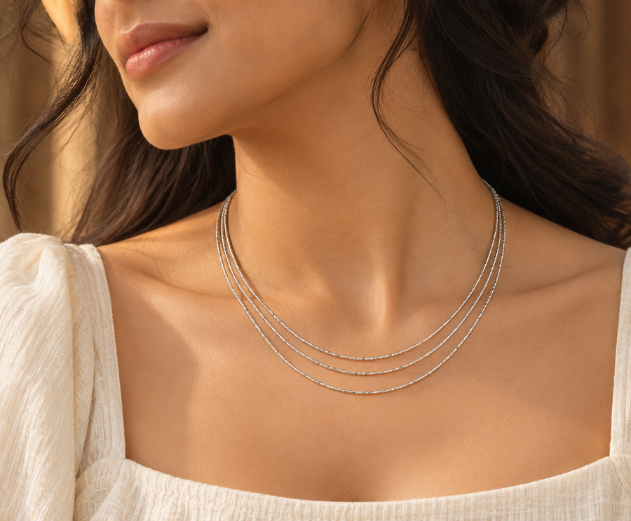 Model wearing Italian Triple-Strand Silver Necklace