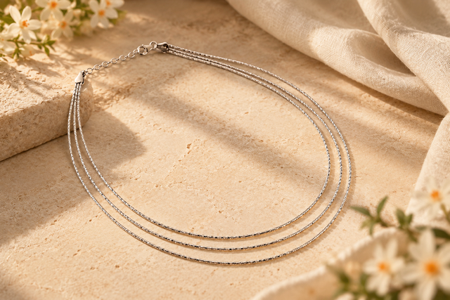 Italian triple-strand rhodium-plated 925 sterling silver necklace