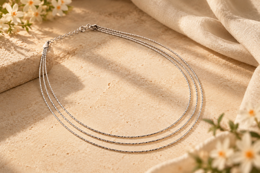 Italian triple-strand rhodium-plated 925 sterling silver necklace