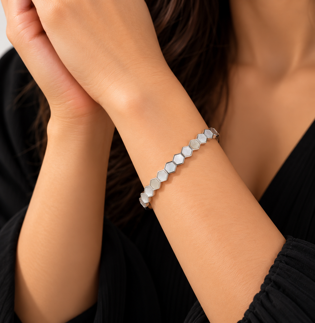 Model wearing Mother of Pearl Mosaic Bracelet