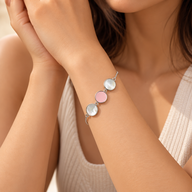 Model wearing Blush & Pearl Disc Bracelet