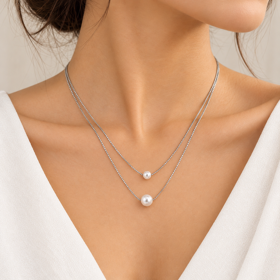 Model wearing Freshwater Pearl Double-Layer Necklace