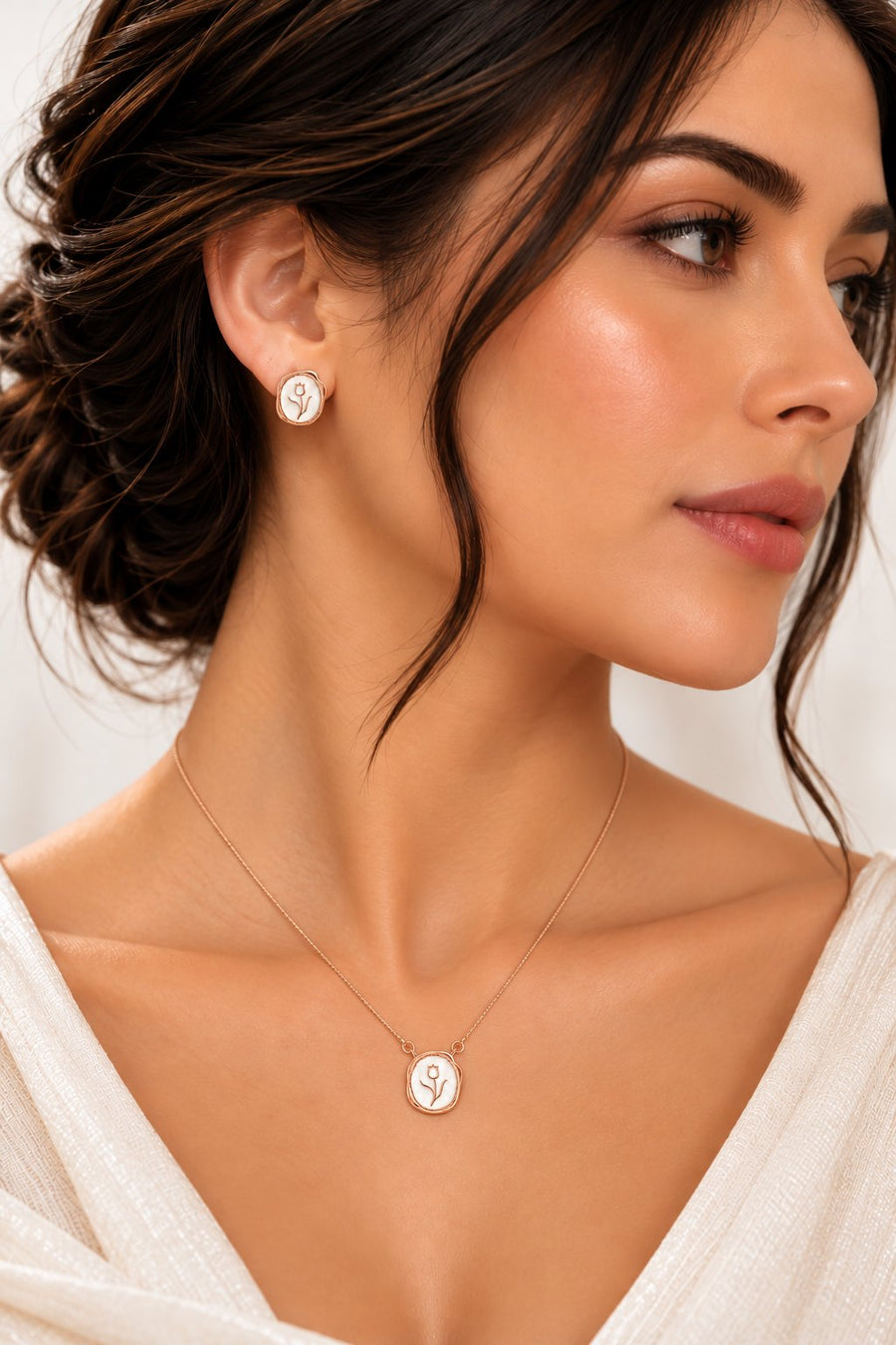 Model wearing Rose Gold Tulip Medallion Necklace