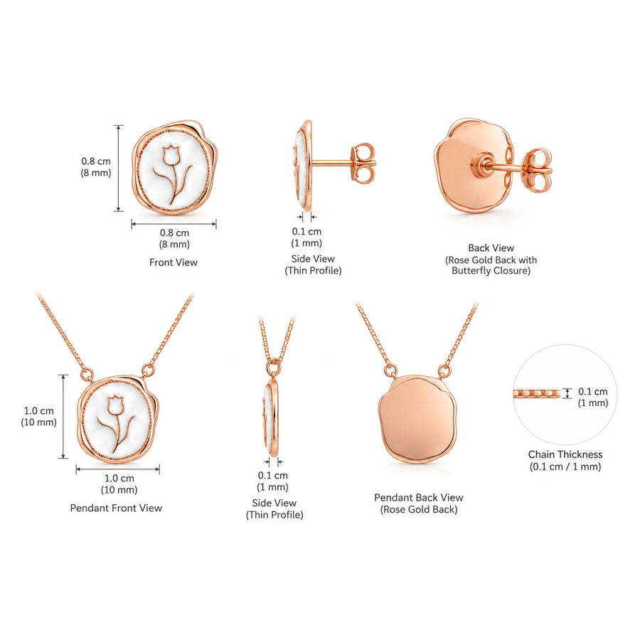 Size and dimension diagram for the Rose Gold Tulip Medallion Necklace and earrings