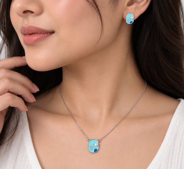 Model wearing Aqua Pearl Botanical Jewellery Set