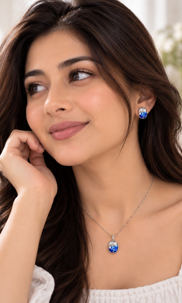 Model wearing Blue Rose Pearl Jewellery Set
