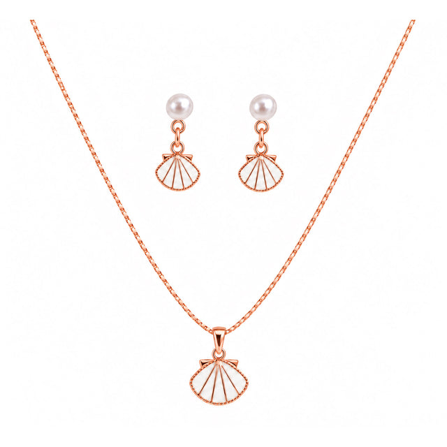 Shell fan pink enamel pendant necklace with matching earrings in silver finish