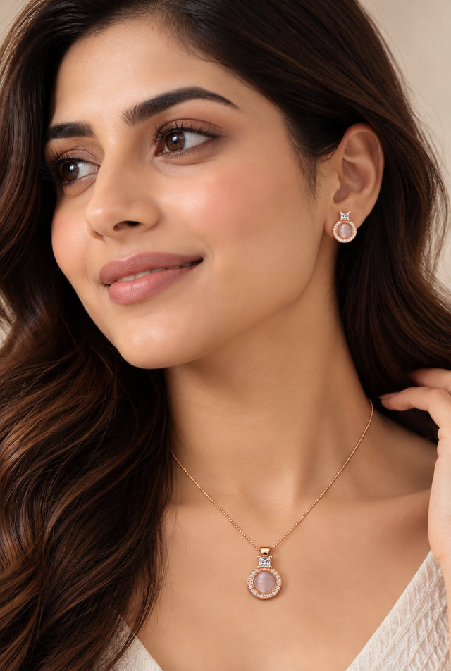 Model wearing Cat's Eye Halo Rose Gold Jewellery Set