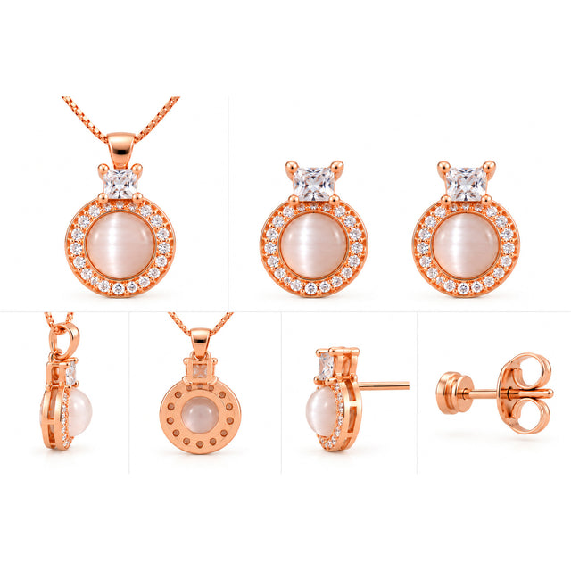 Cat's Eye Halo Rose Gold Jewellery Set shown from front, side and back views