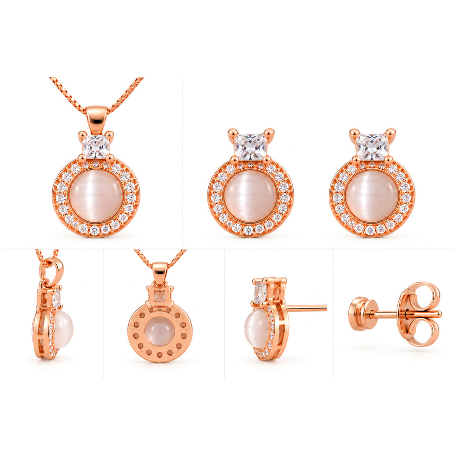 Cat's Eye Halo Rose Gold Jewellery Set shown from front, side and back views