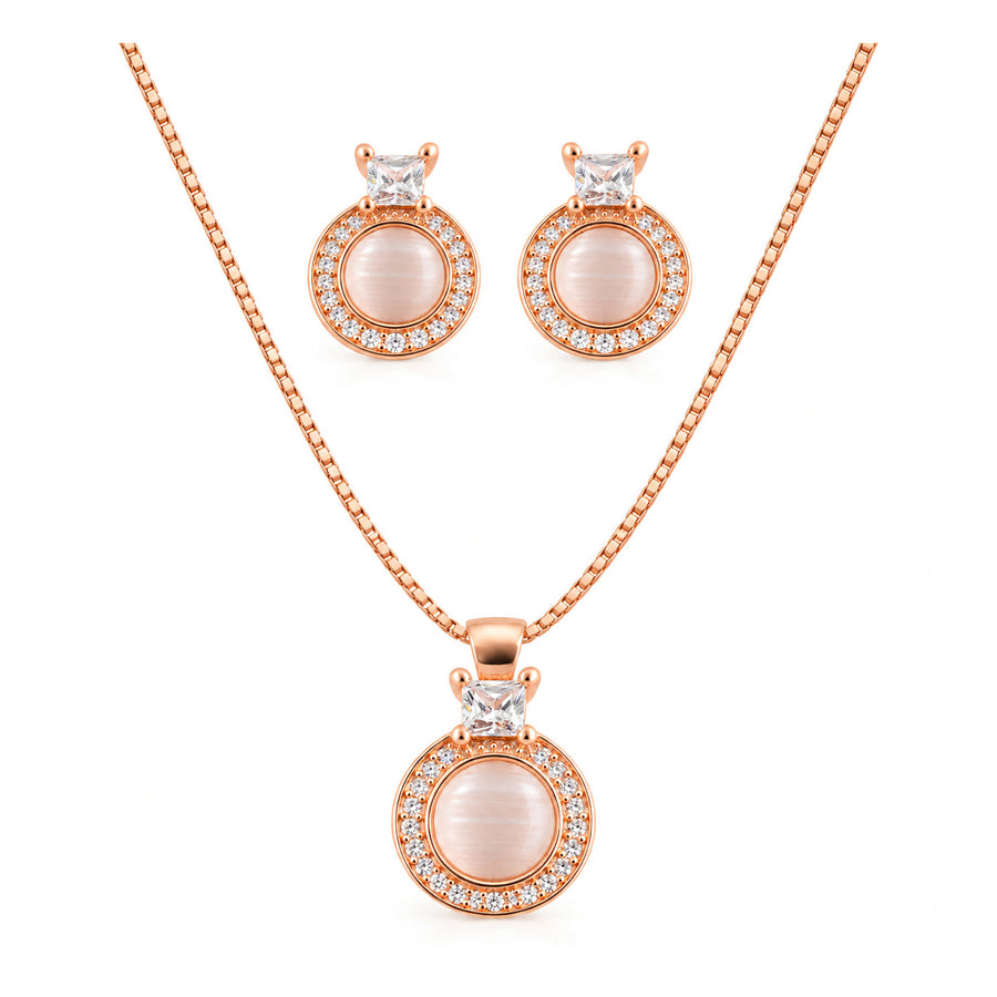 Cat's eye halo rose gold finish jewellery set with matching pendant and earrings