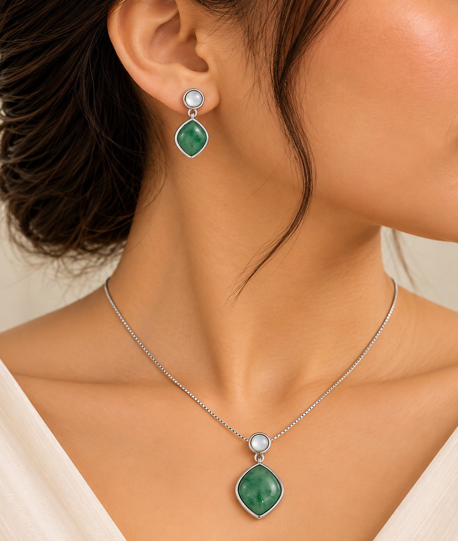 Model wearing Jade Teardrop Jewellery Set