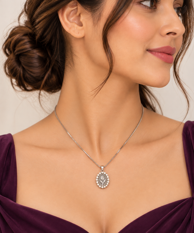 Model wearing Pearl Rose Medallion Pendant