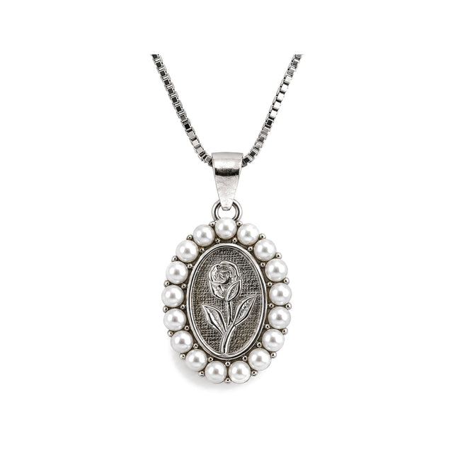 Pearl Rose Medallion Pendant in 925 sterling silver with pearl halo