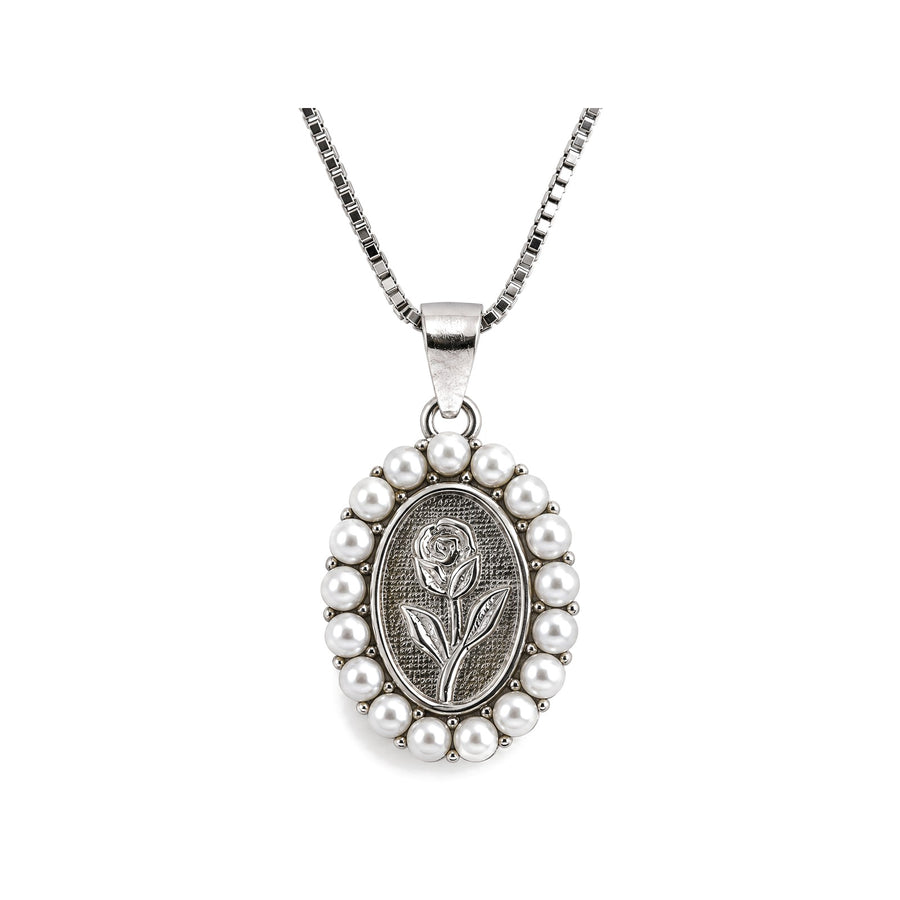 Pearl Rose Medallion Pendant in 925 sterling silver with pearl halo
