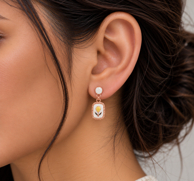 Model wearing Tulip Enamel Drop Earrings