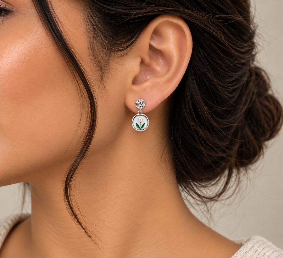 Model wearing Tulip Pearl Drop Earrings