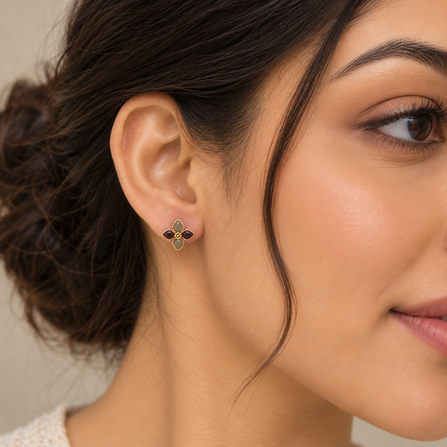 Model wearing Mocha Bloom Stud Earrings
