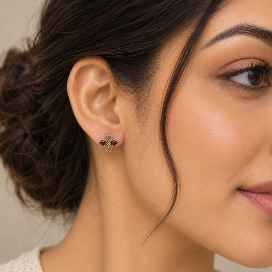 Model wearing Mocha Bloom Stud Earrings