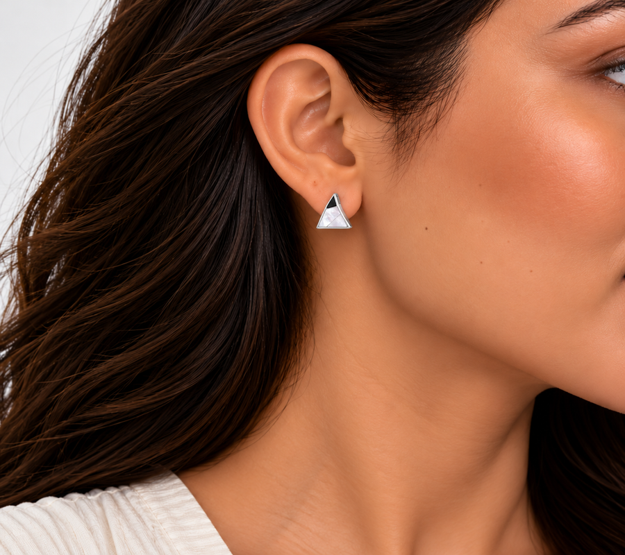 Model wearing Geometric Muse Triangle Stud Earrings