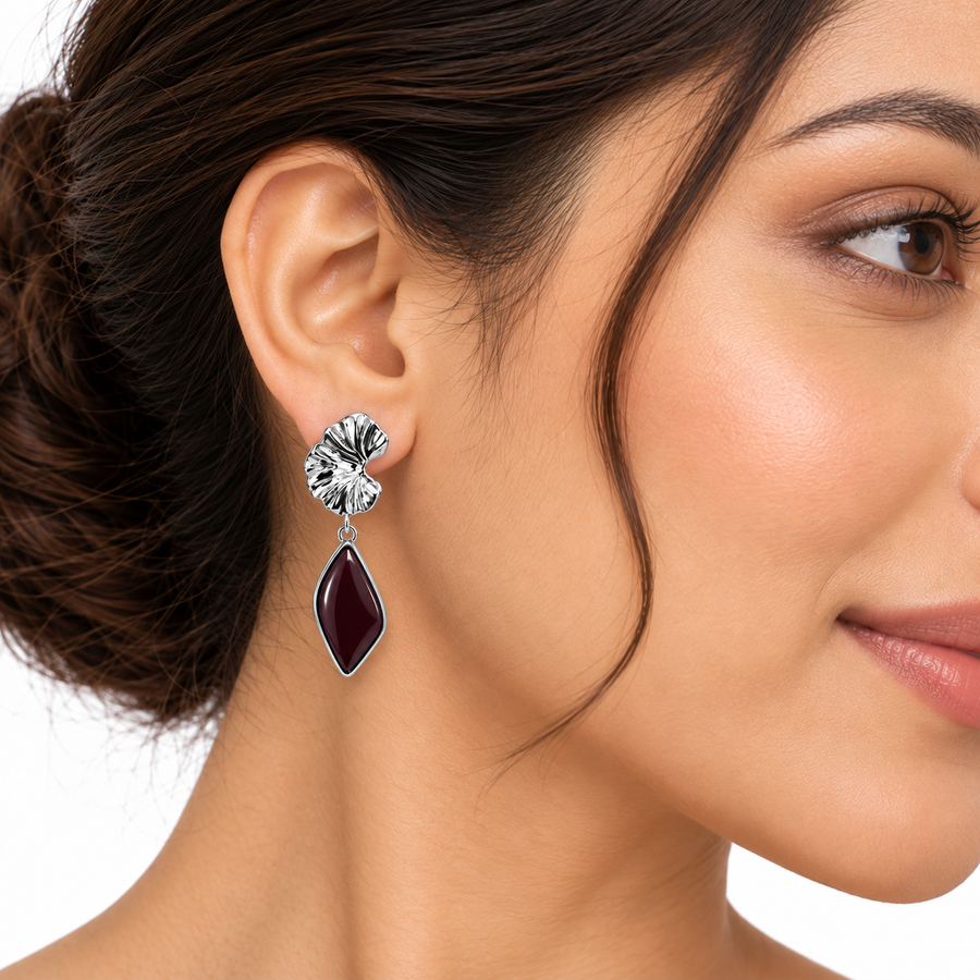 Model wearing Mocha Petal Drop Ceramic Earrings