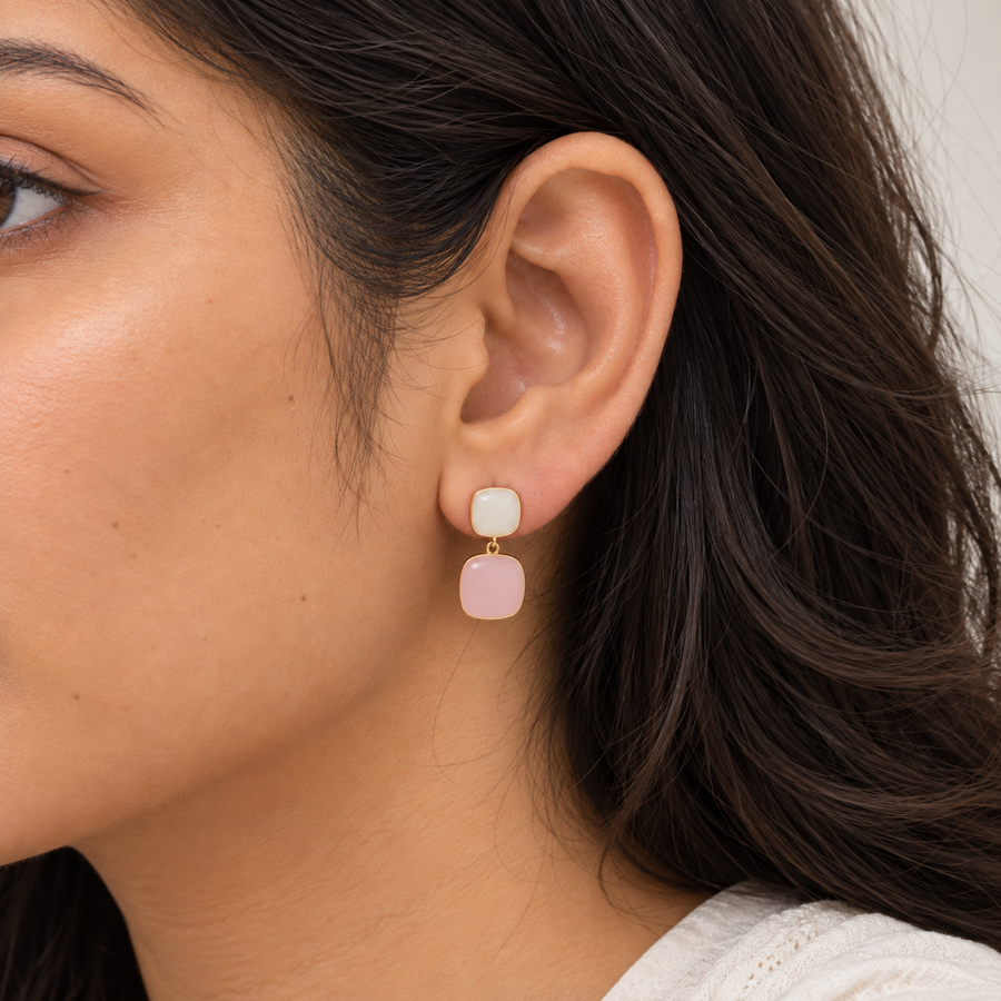 Model wearing Blush Duo Enamel Drop Earrings
