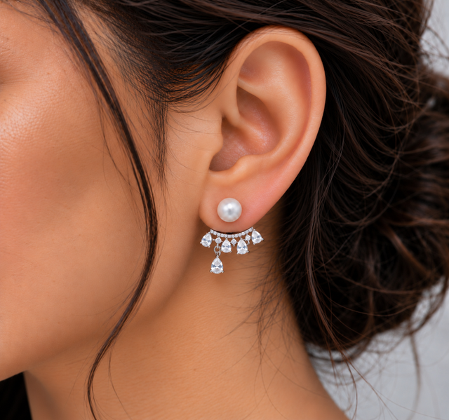 Model wearing Pearl & Crystal 2-in-1 Earrings