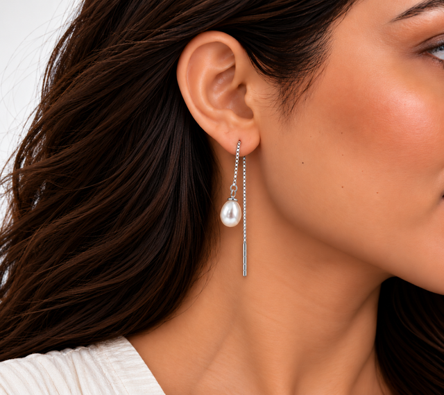 Model wearing Freshwater Pearl Threader Earrings