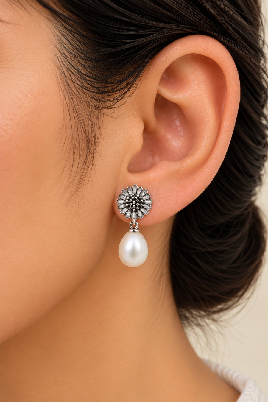 Model wearing Freshwater Pearl Flower Drop Earrings