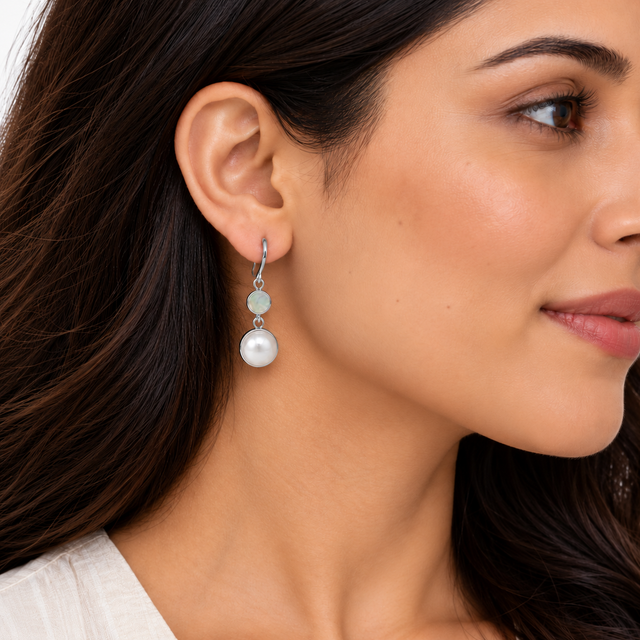 Model wearing Freshwater Pearl Double Drop Earrings