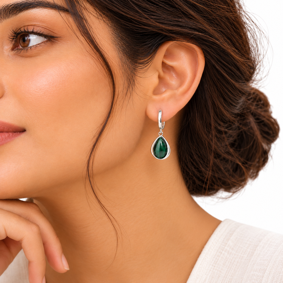Model wearing Malachite Teardrop Hoop Earrings