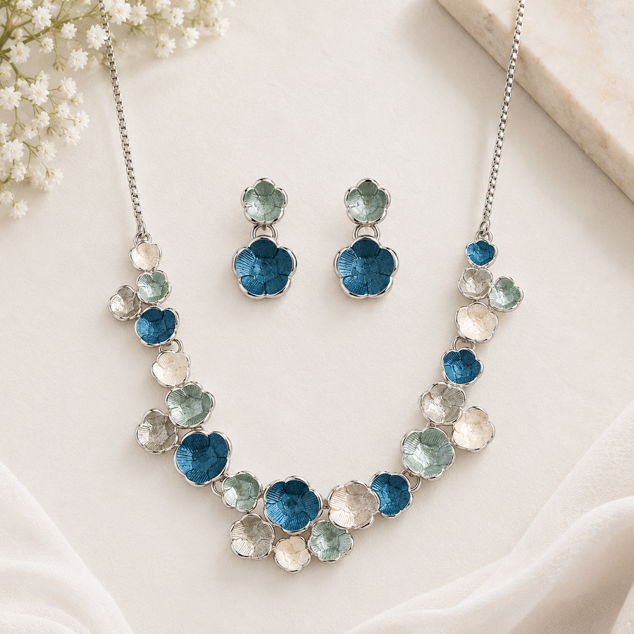 Meadow Bloom multicoloured enamel floral necklace and earrings set