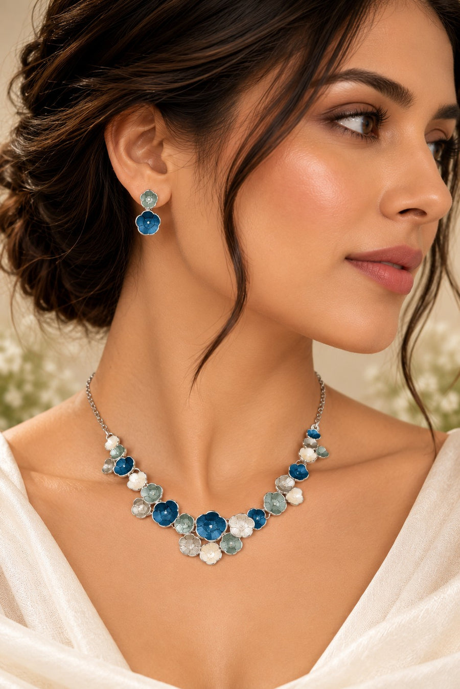 Model wearing Meadow Bloom Necklace & Earrings Set