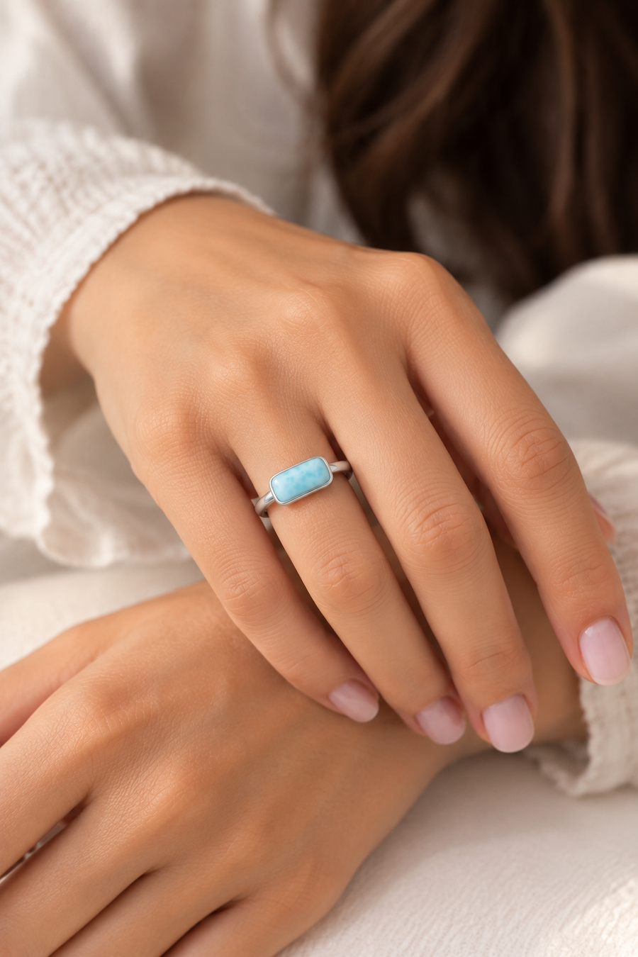 Model wearing Pebble Larimar Ring