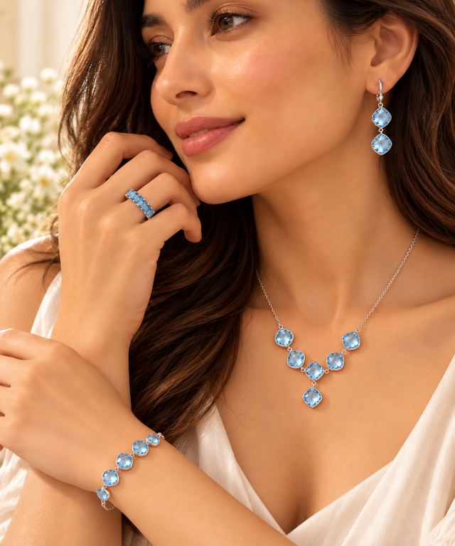 Model wearing Sky Blue Topaz Jewellery Set